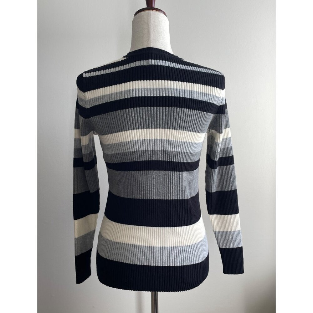St Johns Bag V-Neck Sweater Womens L Black/Gray Stripe Fitted Long Sleeve 90s - Picture 2 of 6
